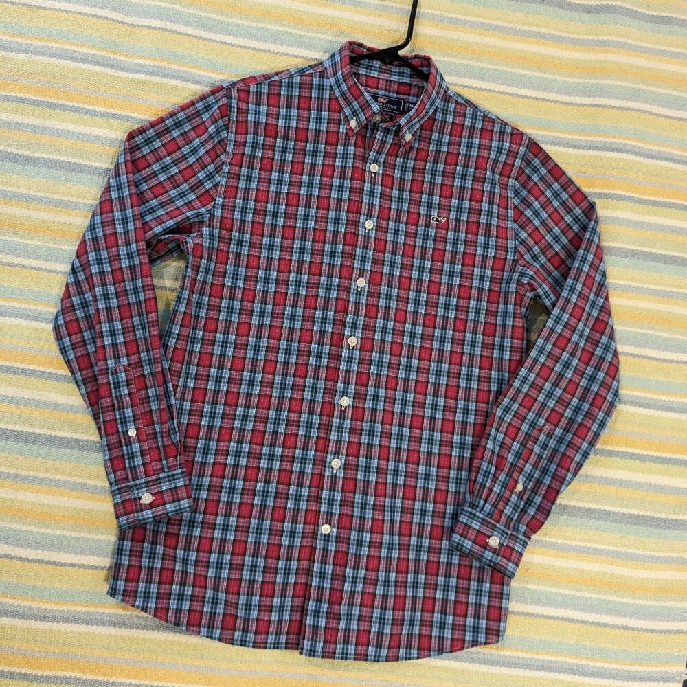 ⭐ Boy's Vineyard Vines 'The Whale' button down shirt (red, blue & green) size XL